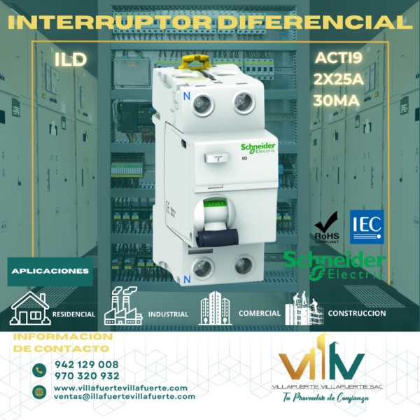 145 Interruptor diferencial Acti9 Mod. ILD 2P 25A 30mA Schneider